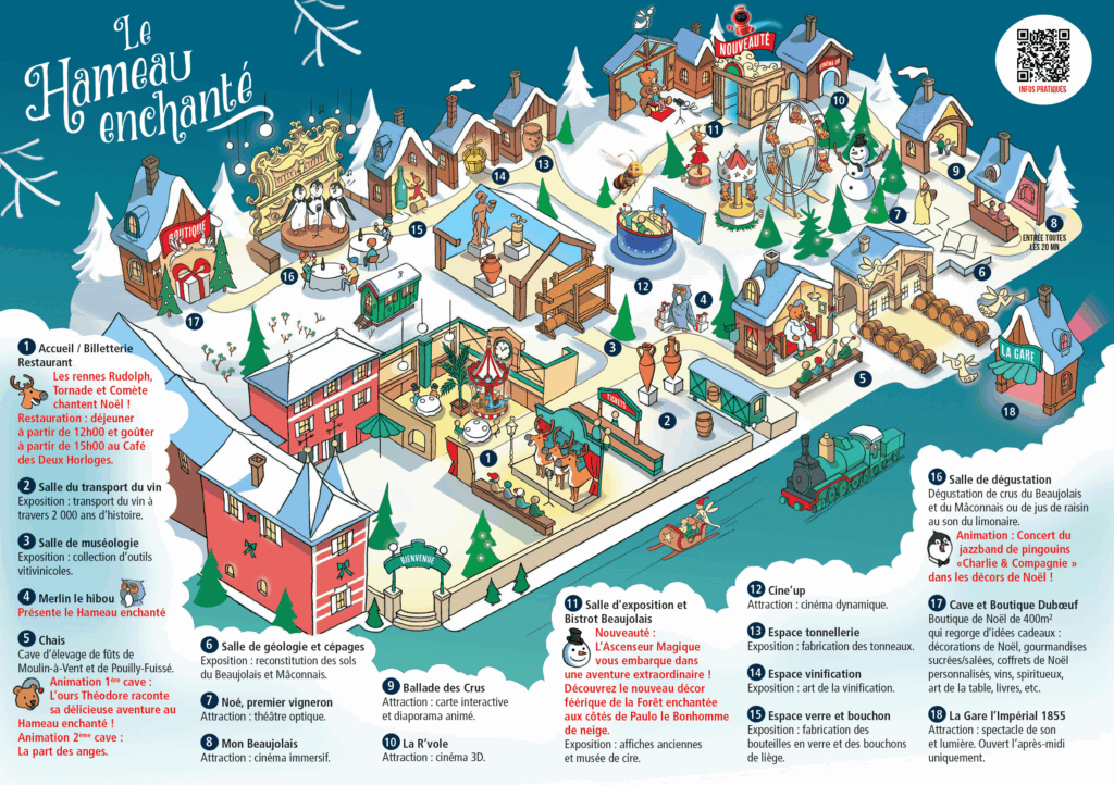 Le plan du Hameau Enchanté guide les visiteurs à travers les principales animations de Noël du Hameau Dubœuf, comme le Théâtre des Rennes, les histoires de Théodore l'Ours Gourmand, la scénographie de la Part des Anges, le concert du Jazz-Band Charlie & Compagnie, la Forêt Enchantée et la Cave & Boutique de Noël. Cette édition met également à l'honneur une nouveauté : Merlin le Hibou, qui accueille les visiteurs et leur présente l'univers féerique du Hameau Enchanté dès le début du parcours.